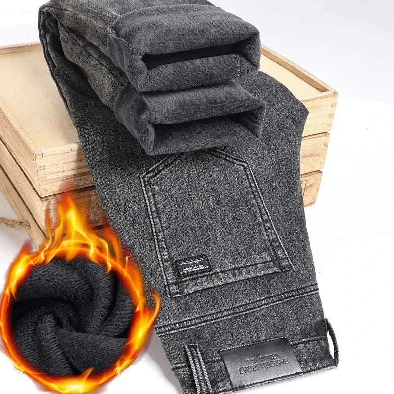2025 New Winter Men Black Straight Stretch Denim Thick Velvet Pants Warm Jeans Casual Fleece Line Trousers Male Plus Size - Matrix Studios