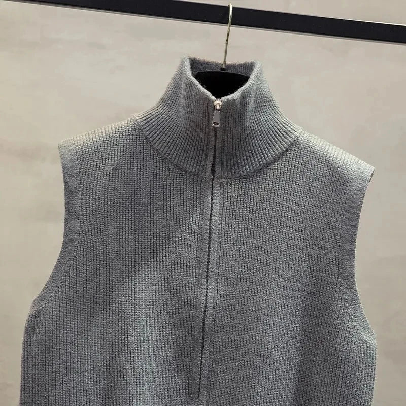 Double Zipper Women Knitted Sweater Vest Spring Autumn Stand Collar Sleeveless Sweater Vest Solid Waistcoat Outer Wear Vest Top - Matrix Studios
