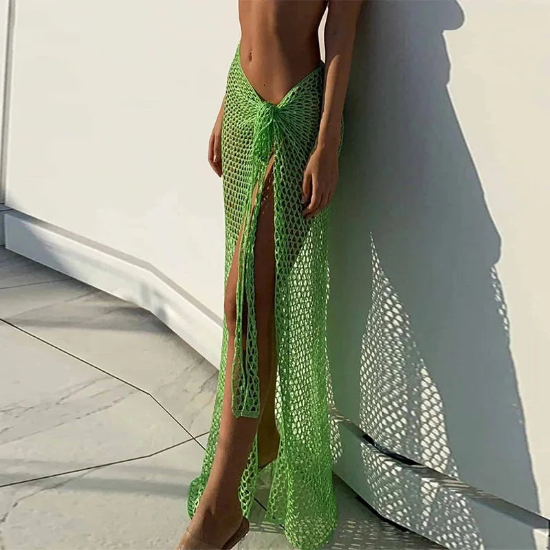 2024 Croche Beach Cover Up Sexy See Through Dress Knit Long Skirts Mesh Hollow Out Through Wrap White Midi Skirt Party Outfits - Matrix Studios