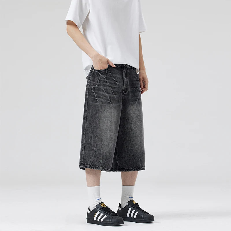 2025 Summer American Lightning Crack Black Grey Jeans Men's Straight Tube Loose Wide Leg Shorts Y2k Street Hip Hop Sevens