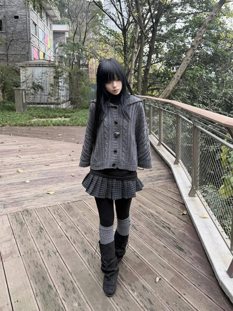 2026 Autumn Winter Women's Y2K Goth Knit Cardigan Harajuku Retro Millennium Aesthetics Single-Breasted Open-Flap Hooded Sweater - Matrix Studios