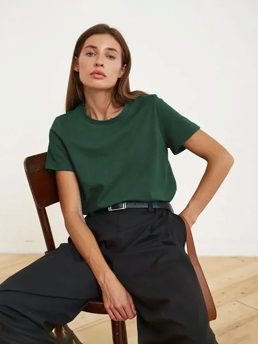 Bornladies Summer 100% Cotton Women's T-shirt Bottoming Basic Fashionable Solid Lady Short Sleeve Loose Tops Shirts 230g/㎡ Tops - Matrix-studios.com