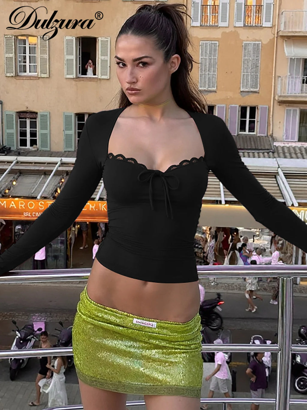 Dulzura 2025 Autumn Latest Fashion Sexy Square Collar Long Sleeve Slim Lace Up Lace Ruffles Patchwork T-Shirt Party Club Clothes - Matrix-studios.com