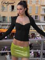 Dulzura 2025 Autumn Latest Fashion Sexy Square Collar Long Sleeve Slim Lace Up Lace Ruffles Patchwork T-Shirt Party Club Clothes - Matrix-studios.com