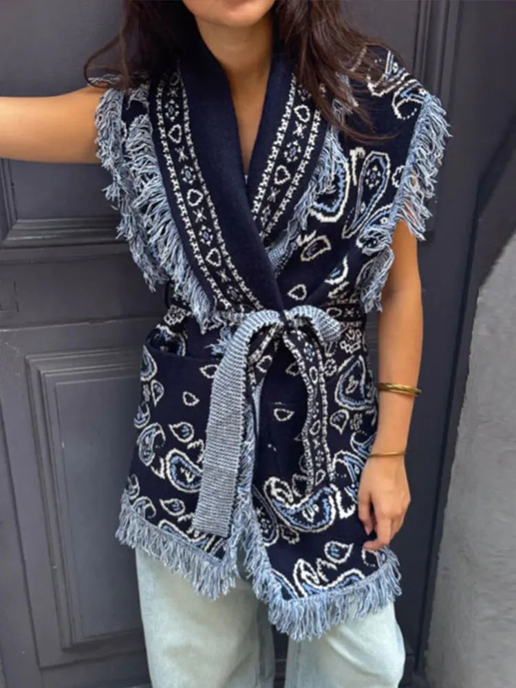 Tassel Patchwork Printed Cardigan Vest Women's Turn-down Collar Sleeveless Knitted Fashion Sweater Vintage 2025 Autumn Cardigans - Matrix Studios