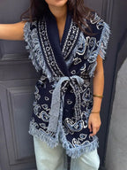 Tassel Patchwork Printed Cardigan Vest Women's Turn-down Collar Sleeveless Knitted Fashion Sweater Vintage 2025 Autumn Cardigans - Matrix Studios