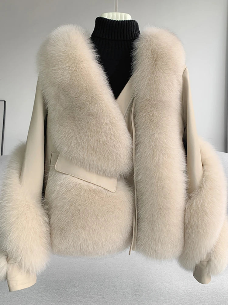 OFTBUY 2022 Real Fur Coat Winter Jacket Women Natural Fox Fur Genuine Leather Outerwear  Streetwear Locomotive Thick Warm New - Matrix Studios