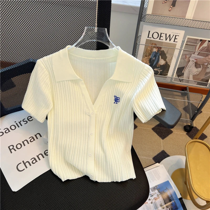 Summer Yellow Knitted Polo Shirt Women's 2024 New French V-Neck Letters High Waist Slim-Fit Ice Silk Top Short-Sleeved T-Shirt - Matrix-studios.com