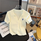 Summer Yellow Knitted Polo Shirt Women's 2024 New French V-Neck Letters High Waist Slim-Fit Ice Silk Top Short-Sleeved T-Shirt - Matrix-studios.com
