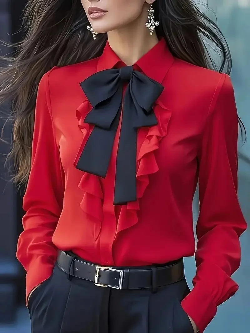 New Autumn Solid Color Lace-up Bow Ruffle Design Shirt For Women Vintage Long Sleeve Blouse White Shirt Autumn Female Clothing - Matrix-studios.com