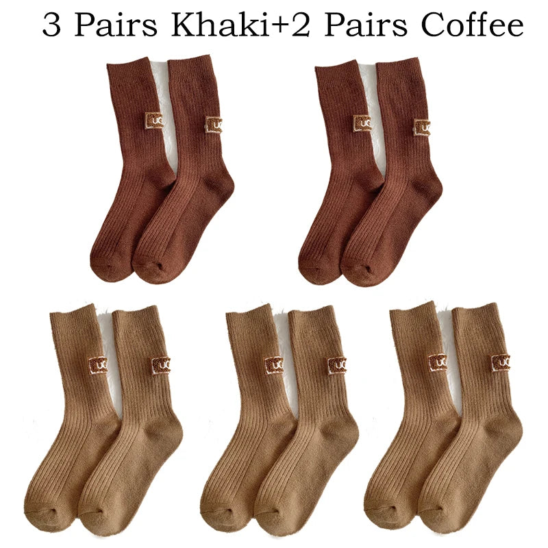 5/10 Pairs Socks Women Luxury Designer Cashmere Wool Sock Solid Warm Thick Pile Embroidered Logo Mid-Calf female Snow Boot Socks - Matrix Studios