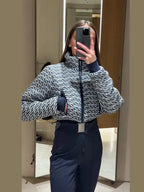 Elegant Print Thicken Ski Jumpsuit Women Chic Full Sleeve Stand Collar Zipper Belt Long Romper Fashion Warm High Waist Rompers - Matrix Studios