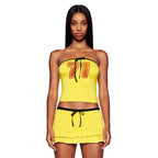 Women Retro Print 2 Piece Set Yellow Strapless Tube Top Drawstring Ruffle Mini Skirt Y2K Streetwear Club Party Matching Outfit