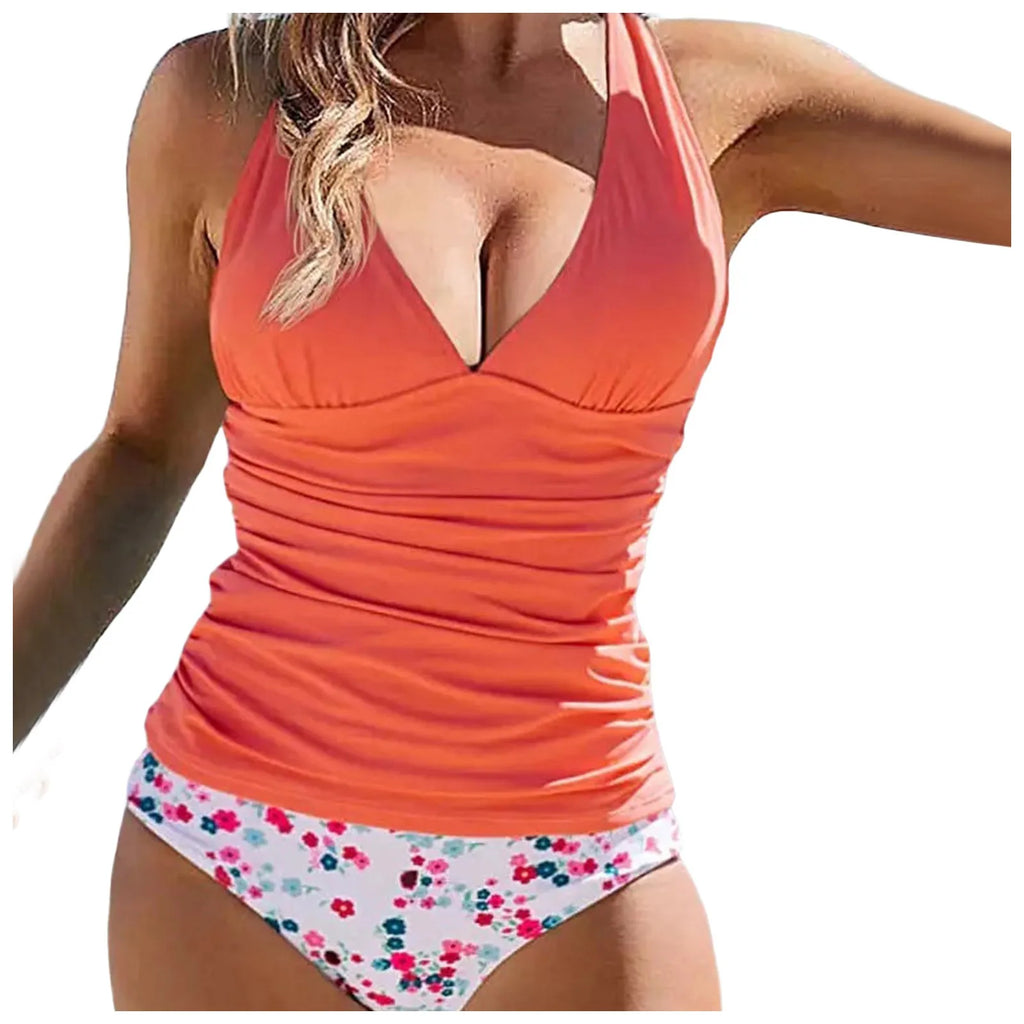 Women'S Floral Print Swimsuits V Neck Tankini Set Cute Split Swimsuit Female Beach Swimming Suits Conservative купальник - Matrix-studios.com