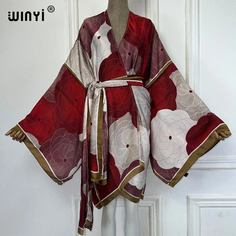 WINYI Summer Beach Outfits Women Swim Suit Cover Up Kaftan Boho Cardigan Stitch Self Belt Sexy Holiday Long Sleeve Print Kimono - Matrix Studios