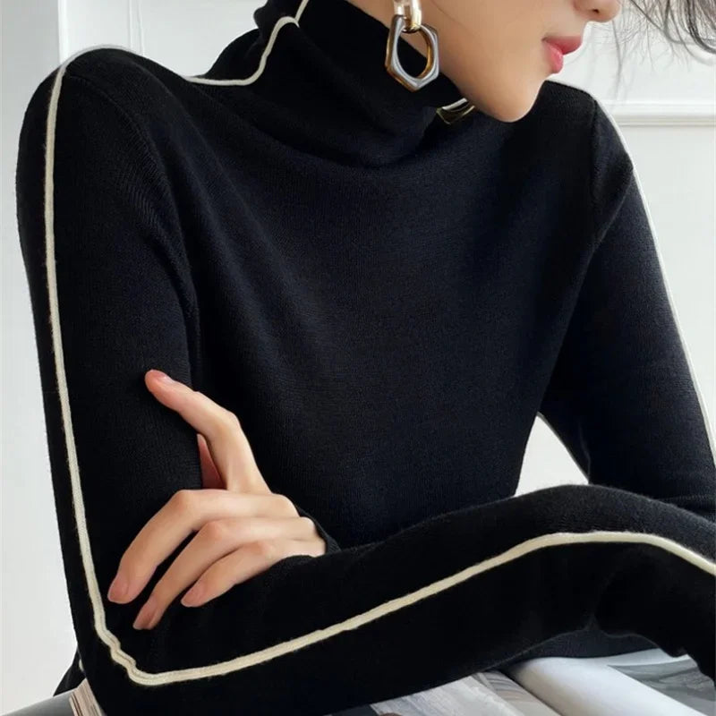 High Neck Knitted Sweater Women Autumn Winter Trendy Color Blocking Slim Fit Sweaters Female Base Simplicity Long Sleeved Tops - Matrix Studios