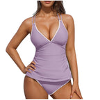 Women Tankini Swimsuit Color Block Tummy Control V Neck Push Up Top High Waisted Swim Bottom 2026 Summer Two Piece Bathing Suit - Matrix-studios.com