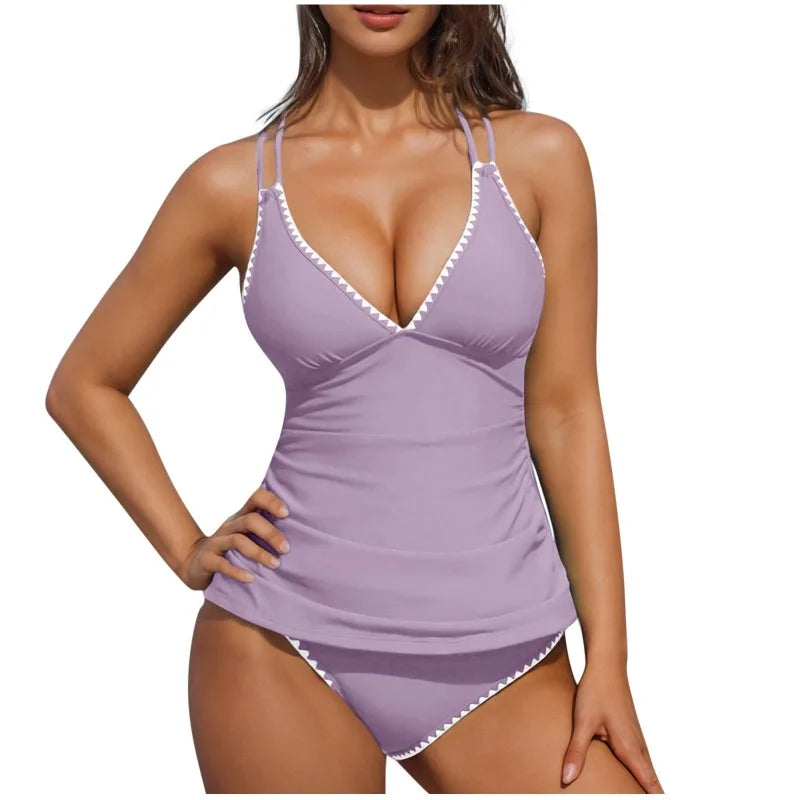 Women Tankini Swimsuit Color Block Tummy Control V Neck Push Up Top High Waisted Swim Bottom 2026 Summer Two Piece Bathing Suit - Matrix-studios.com
