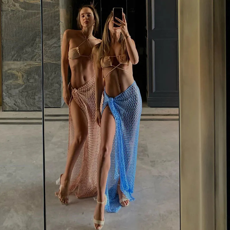 2024 Croche Beach Cover Up Sexy See Through Dress Knit Long Skirts Mesh Hollow Out Through Wrap White Midi Skirt Party Outfits - Matrix Studios