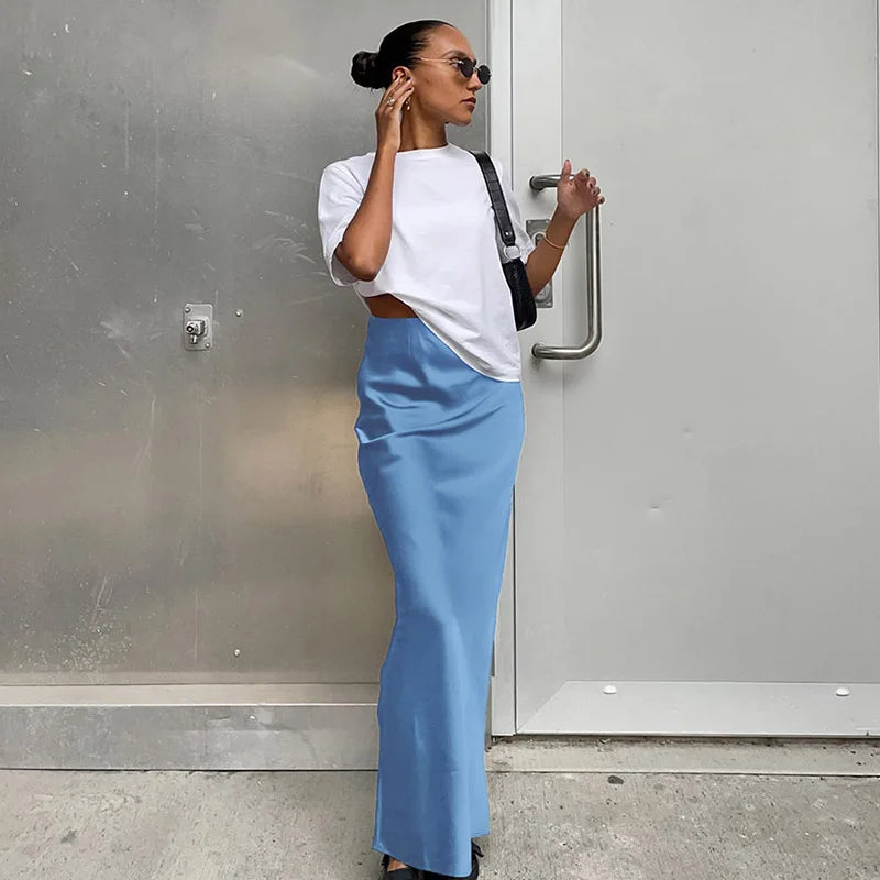 Elegant Satin Black Trumpet Skirts Fashion Slim High Waist Skirts Women Female Solid Office Long Skirt Spring Summer - Matrix-studios.com