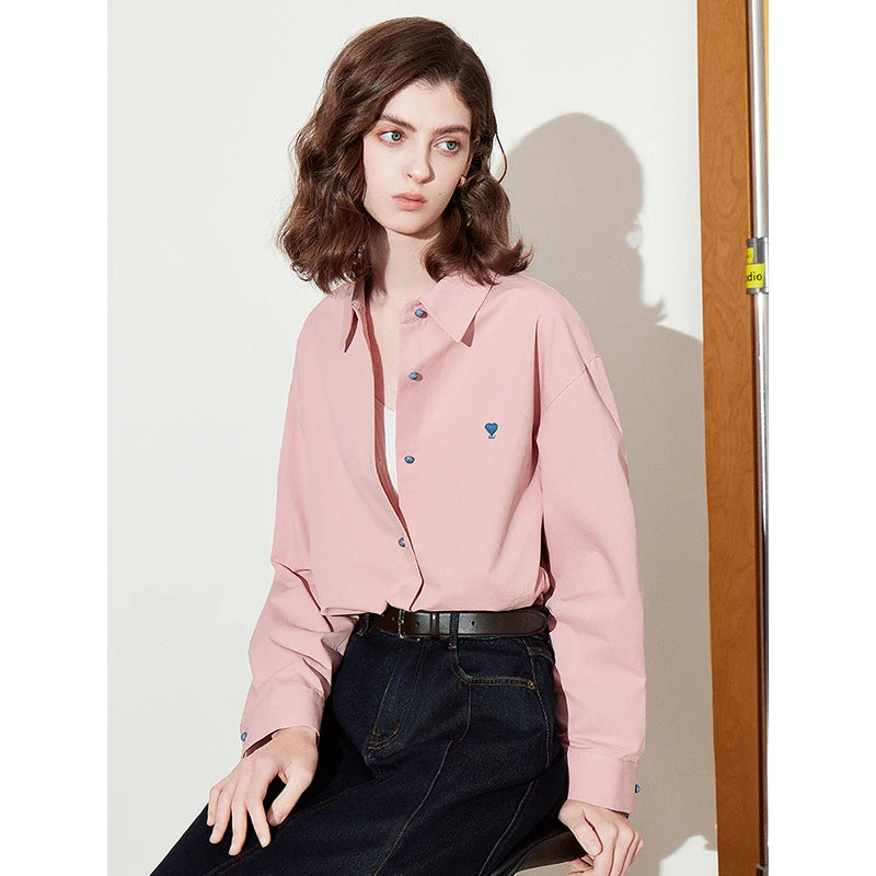 TOYOUTH Women Blouse Shirt 2025 Spring New Love Embroidered Simple and Versatile Solid Color Pure Cotton Shirt Tops - Matrix-studios.com