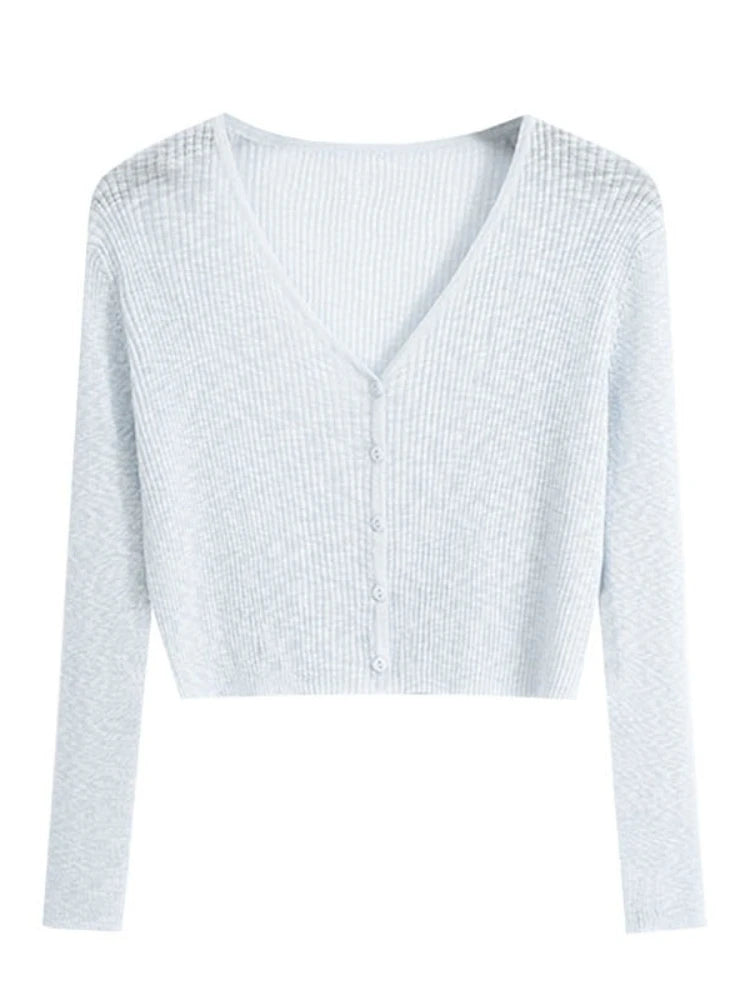 2026 Summer Thin Air Conditioning Blouse Ice Silk Knit Sun Protection Women Cardigan Solid Color Casual Short Shawl Outerwear - Matrix Studios