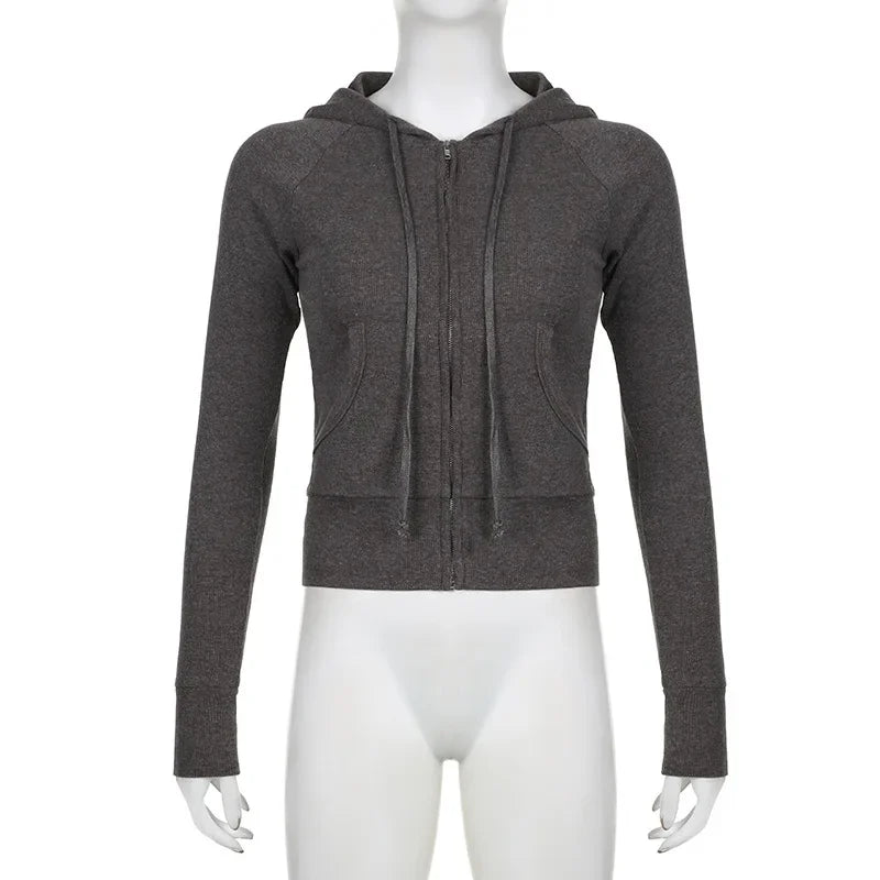 Grunge 2000s Ribbed Hoodies Zip Up Hooded Sweatshirt for Women Autumn Casual Full Sleeve Coats Women y2k Vintage Outfits - Matrix Studios