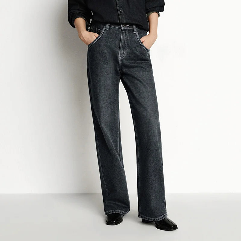 Semir Jeans Women Wide Leg Fleece Lined Comfortable High Waist Winter 2025 New Floor-Length Pants with Leg-Elongating Effect - Matrix-studios.com