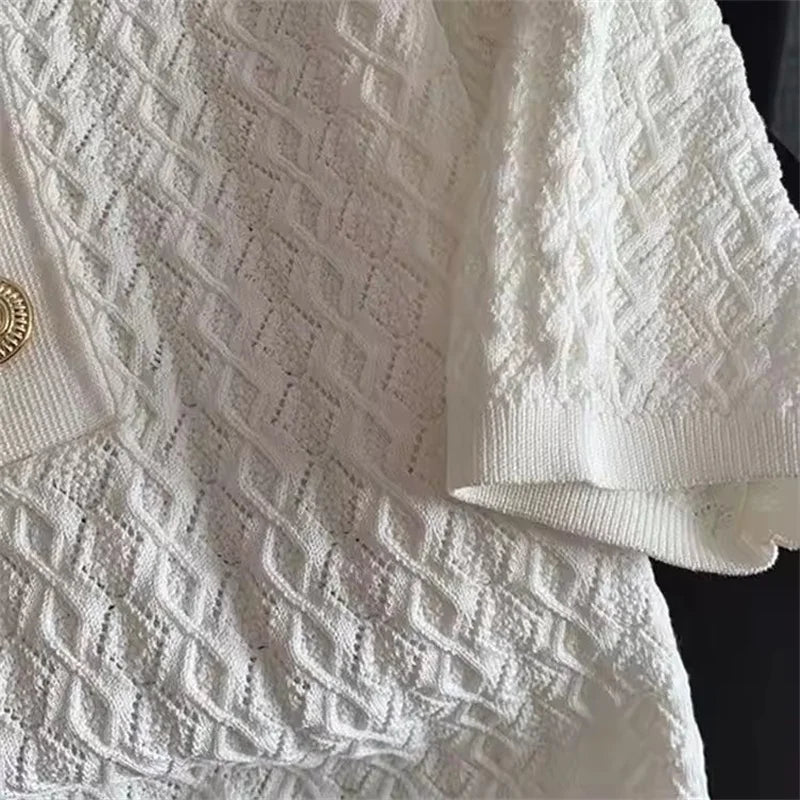 Korean Ice Silk Polo Neck Knitted Shirt Women 2025 Summer Chic Thin Unique Jacquard Short Sleeve Ladies Tops Women’s Clothing - Matrix-studios.com