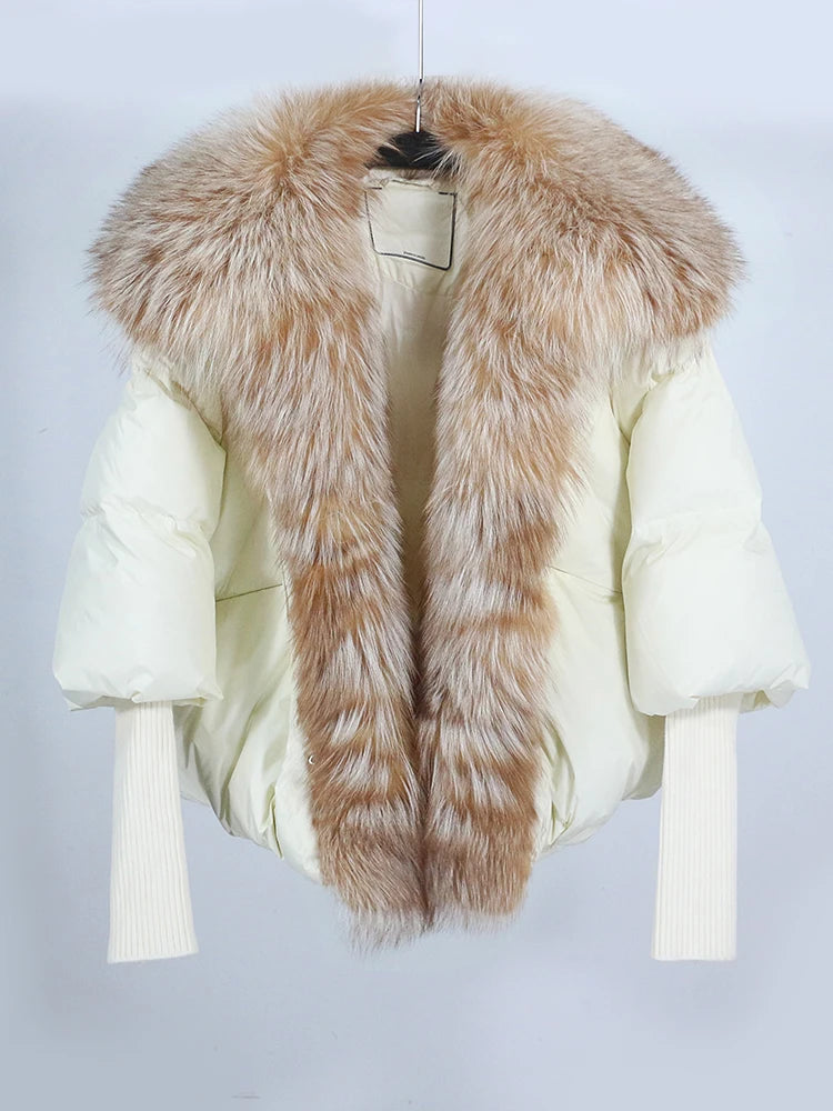 Loose Natural Real Fox Fur Collar Coat Thick New European Fashion White Duck Down Jacket Winter Women Warm Luxury Outerwear - Matrix Studios