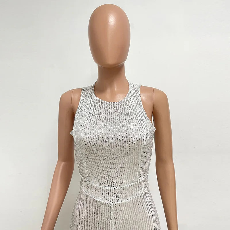 Bling Bling Sequined Club Jumpsuit Sexy Women O-neck Elegant Shiny Sliver Gold Sequins Straight Romper Overalls - Matrix Studios