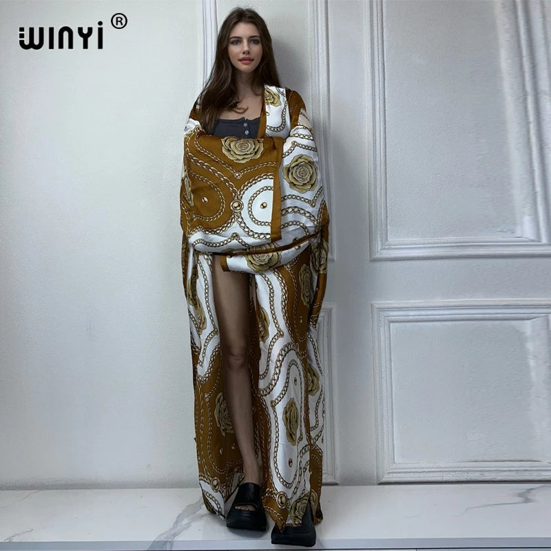 WINYI 2022 africa Boho Printed Long Kimono Dress Bikini Wrap Cover-ups Women Summer Clothes Beach Wear Swim Suit Cover Up kaftan - Matrix Studios