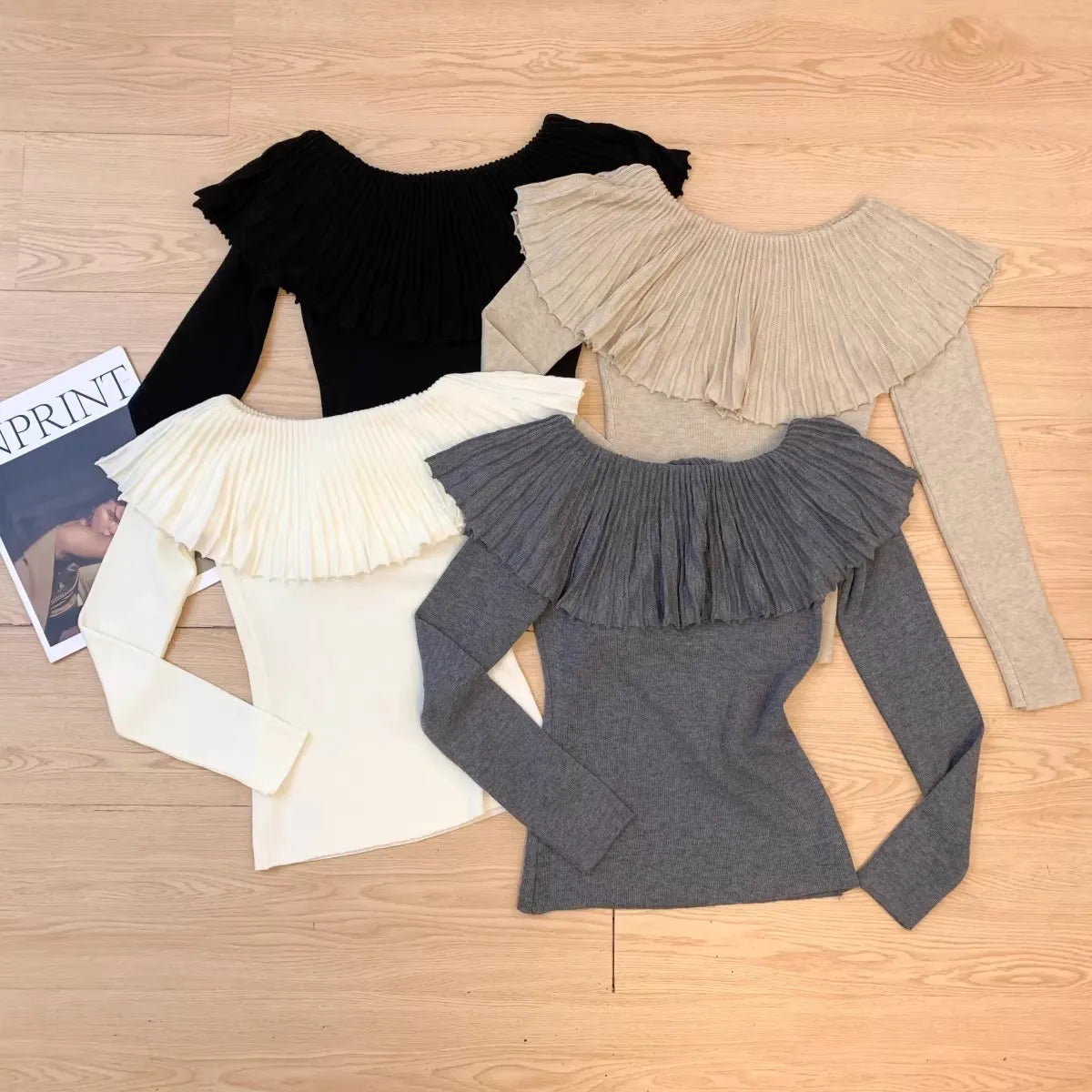 Women's Solid Color Slash Neck Ruffles Sweater Short Pullover Korean Fashion Chic Retro Style for Autumn Winter - Matrix Studios