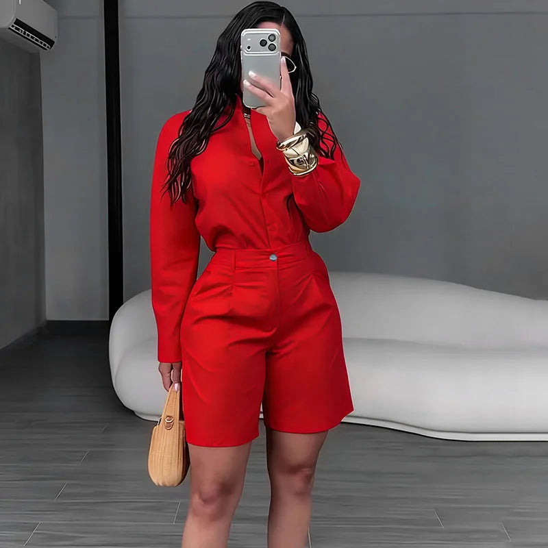 Doyerl Solid Elegant Fashion Two Piece Set Women Clothing Casual Long Sleeve Shirt Top and Shorts Matching Sets Ensembles Femme - Matrix-studios.com