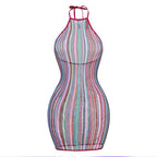 Women Rainbow Striped Cover Up Fishnet Bodycon Dress Halter Elastic Hollow Out Swimsuit Festival Beach Vacation - Matrix Studios