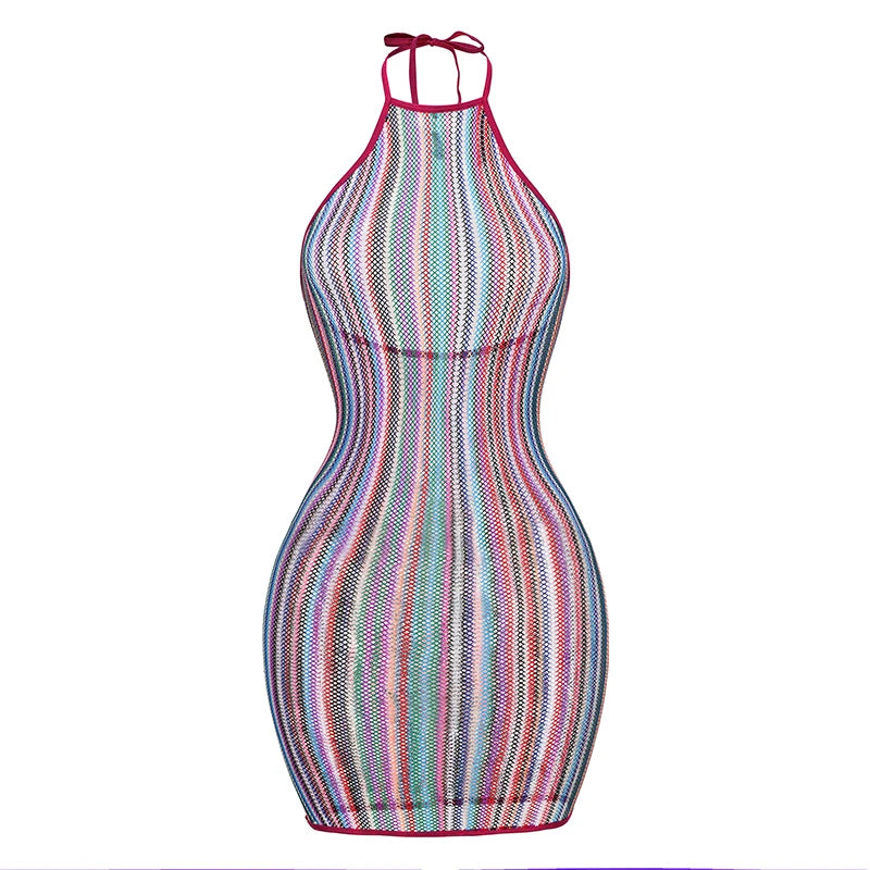 Women Rainbow Striped Cover Up Fishnet Bodycon Dress Halter Elastic Hollow Out Swimsuit Festival Beach Vacation - Matrix Studios