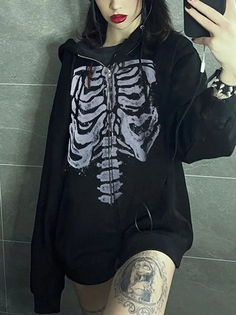 Halloween Women Spring Autumn Casual Hooded Coat Long Sleeve Skull Print Zipper Hoodie Grunge Long Sleeve Top Gothic Sweatshirt - Matrix Studios