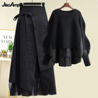Women's Spring Autumn New Fashion Fake Two Piece Knit Sweater+Strap A-line Skirt Suit Korean Elegant Pullover Dress Matching Set - Matrix-studios.com