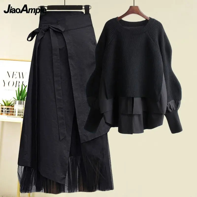 Women's Spring Autumn New Fashion Fake Two Piece Knit Sweater+Strap A-line Skirt Suit Korean Elegant Pullover Dress Matching Set - Matrix-studios.com