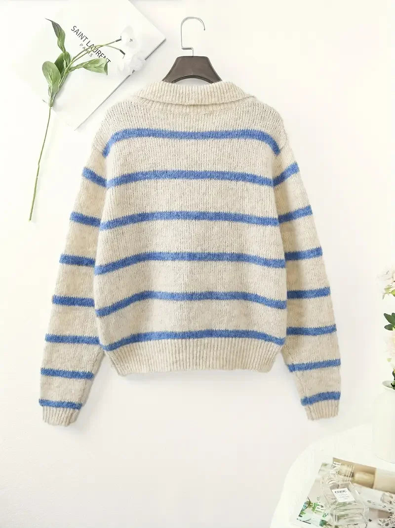 Women's Fashion Casual POLO Collar Striped Knitted Hoodie Soft and Comfortable Intercolor Sweater - Matrix Studios