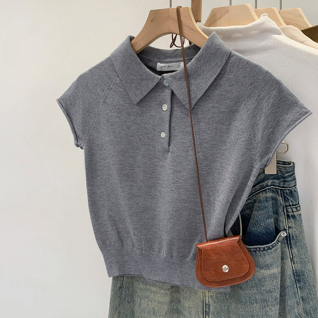 Polo Collar Cap Sleeve Knit Tee for Women Solid Grey Half Front Buttons Stretchy Lightweight Casual Summer Short Sleeve T Shirt - Matrix-studios.com