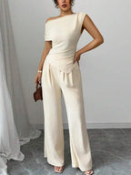 Elegant Pure Color Ladies Asymmetric Top And Wide Leg Pants 2-Piece Set for Commuting Casual Vacations Fashionable New Arrival - Matrix-studios.com