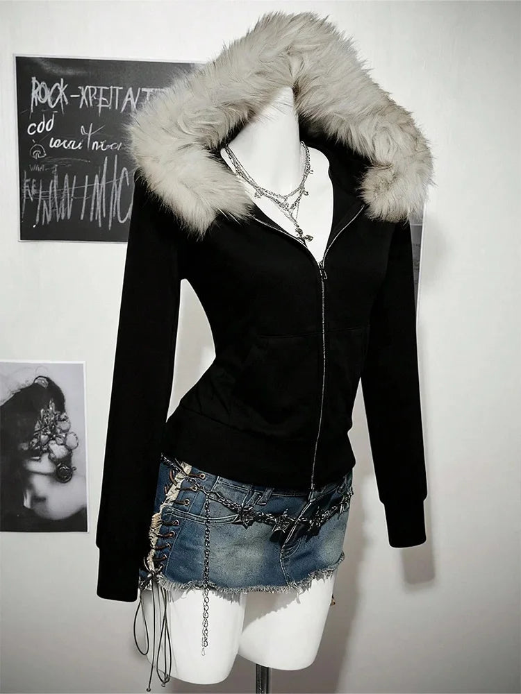 Y2K Harajuku Gothic Women's Hoodie Sexy Slim Chic Suede Fur Collar Letter Print Cardigan Sweatshirt  Female Streetwear - Matrix Studios