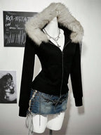 Y2K Harajuku Gothic Women's Hoodie Sexy Slim Chic Suede Fur Collar Letter Print Cardigan Sweatshirt  Female Streetwear - Matrix Studios