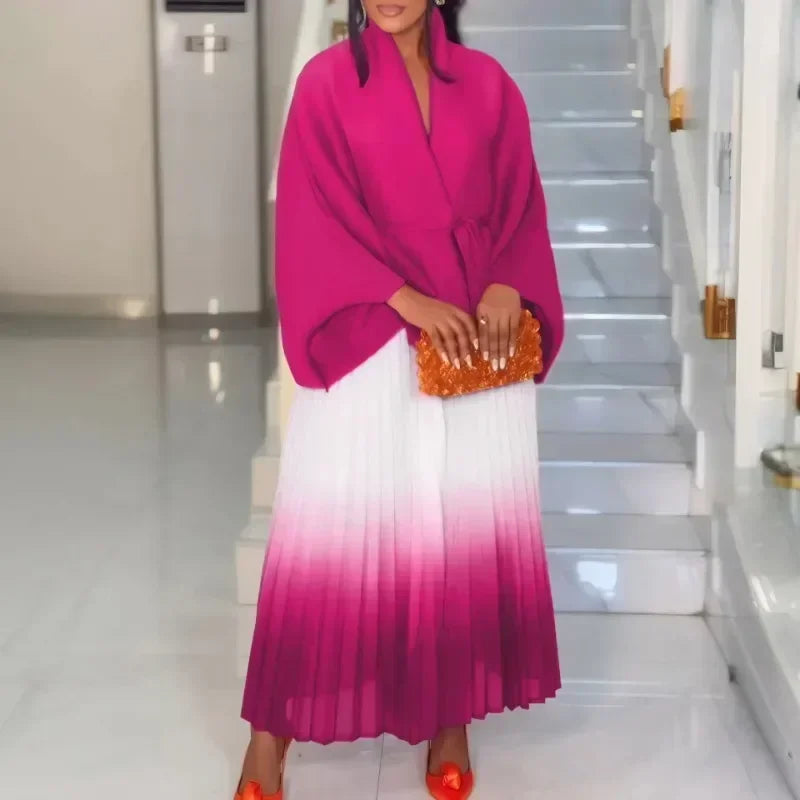 Autumn Fashion 2025 Long Sleeve V-neck Polyester Party Evening 2 Pieces Top Long Skirts Matching Sets African Clothes for Women - Matrix-studios.com
