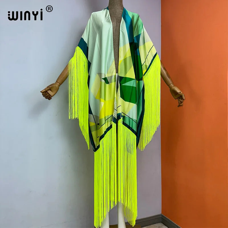 WINYI Kimono Cover-ups Summer Boho Print Bikini Cover-up Elegant Fashion Cardigan Sexy Holiday Long Sleeve Tassels Maxi Dress - Matrix Studios