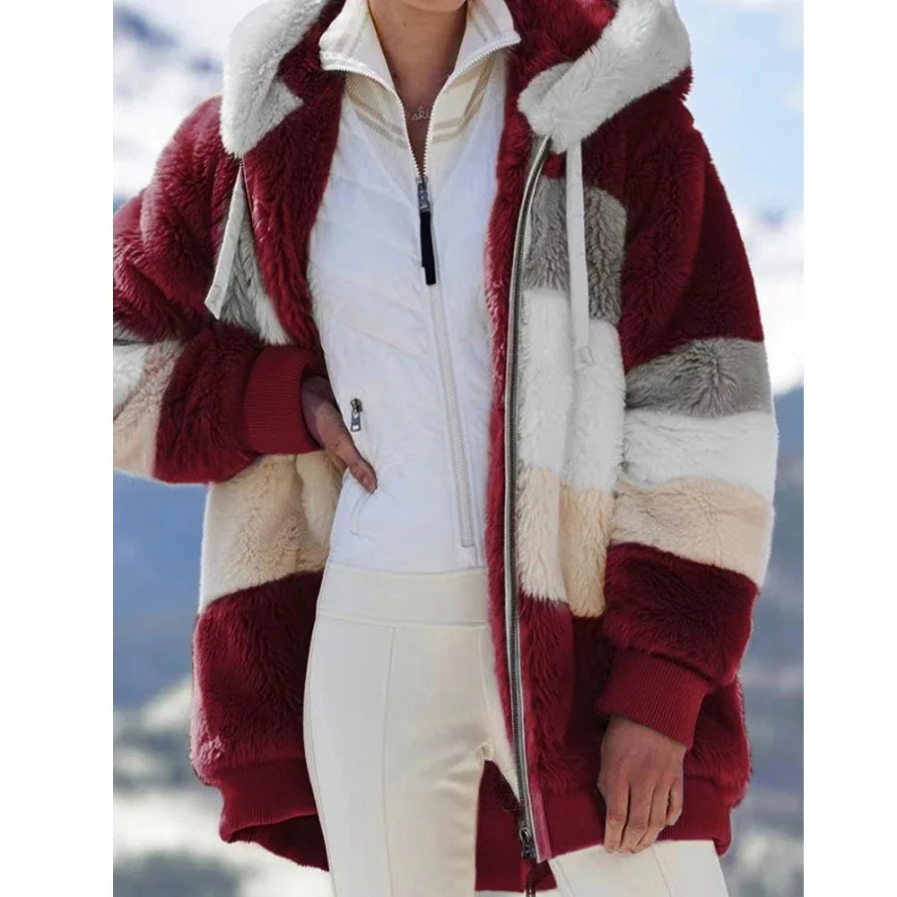 Oversized Jacket for Women Coat 2025 Autumn Winter Warm Plush Pocket Hooded Streetwear Loose Lady Zipper Cashmere Outerwear Coat - Matrix-studios.com