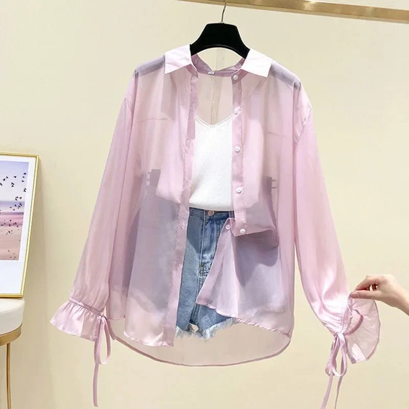 Smvp Chiffon Blouses for Women Summer Thin Loose Button-Up Sunscreen Shirt Woman Korean Fashion Bow Lace-up Long Sleeve Shirts - Matrix-studios.com