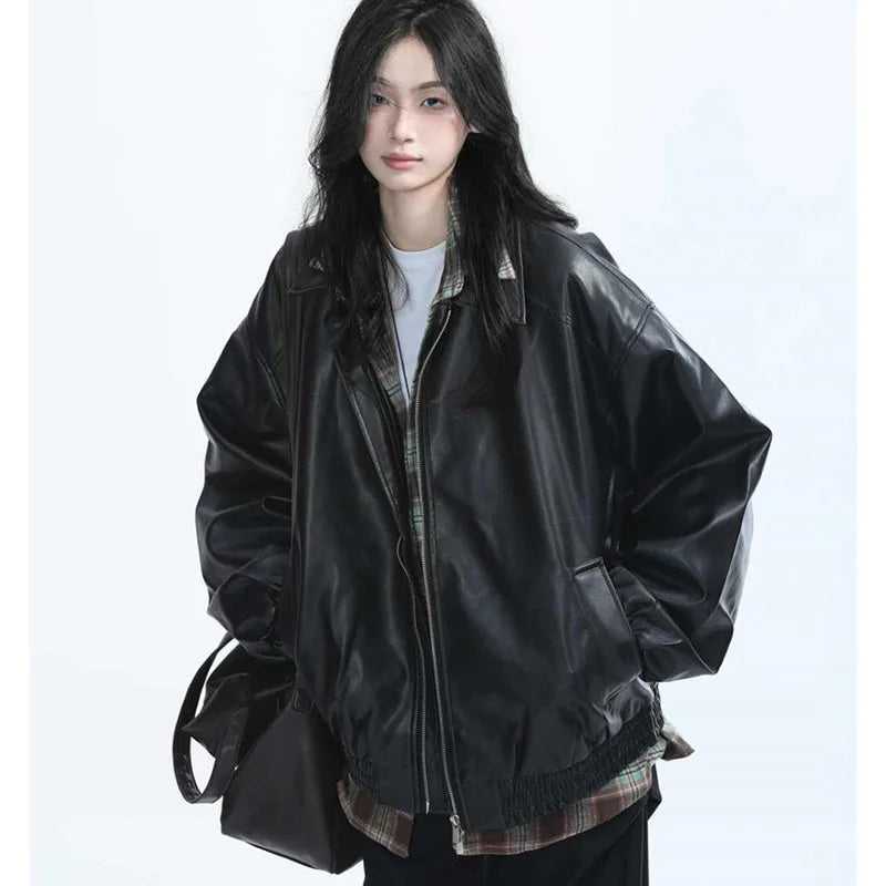 Retro Ladies Fashion Zipper Faux Leather Jacket Spring Autumn Women Long Sleeves Leather Coat 2025 Female PU Leather Outwear - Matrix Studios
