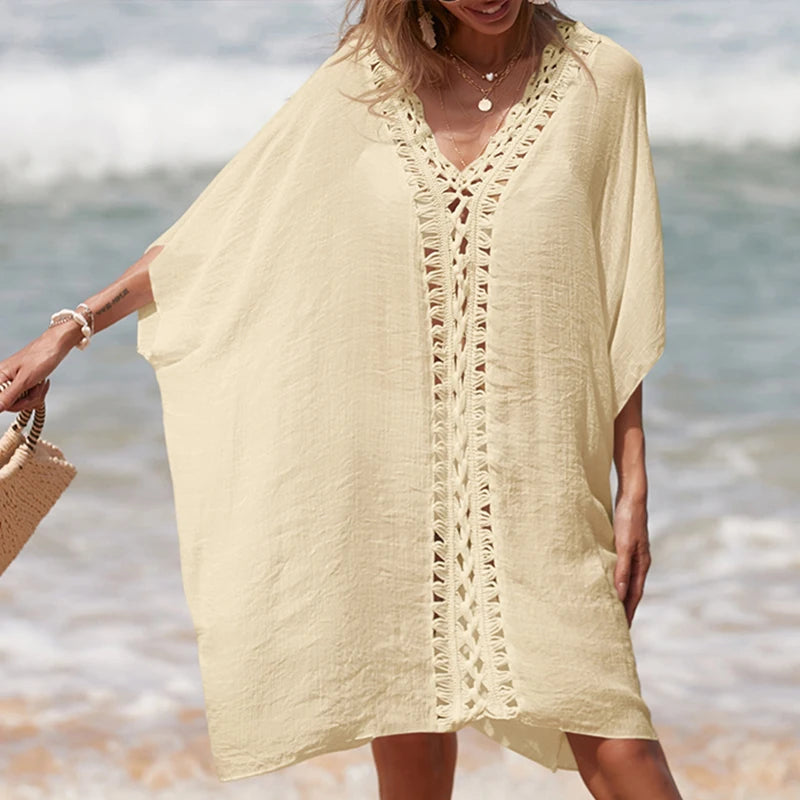 Holiday Crochet Knitted Beach Cover-Ups Dress Splicing Loose Dress Solid Color Beachwear transparent Sunscreen Sexy Beach Smock - Matrix Studios